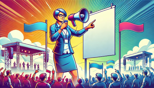 Event Manager with Bull Horn in front of a crowd to attract attendees to event.